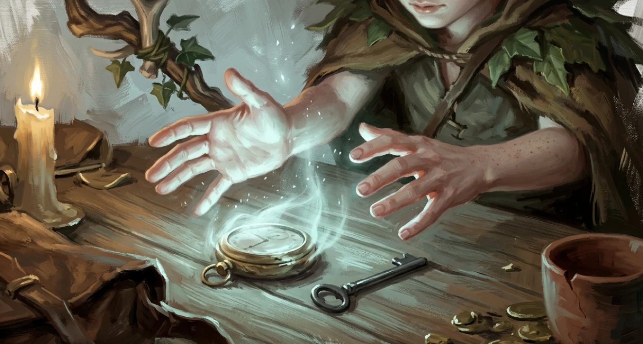A hand passes over a closed brass pocket watch on an inn table; pale cyan light lifts off it while a key beside it stays dark.