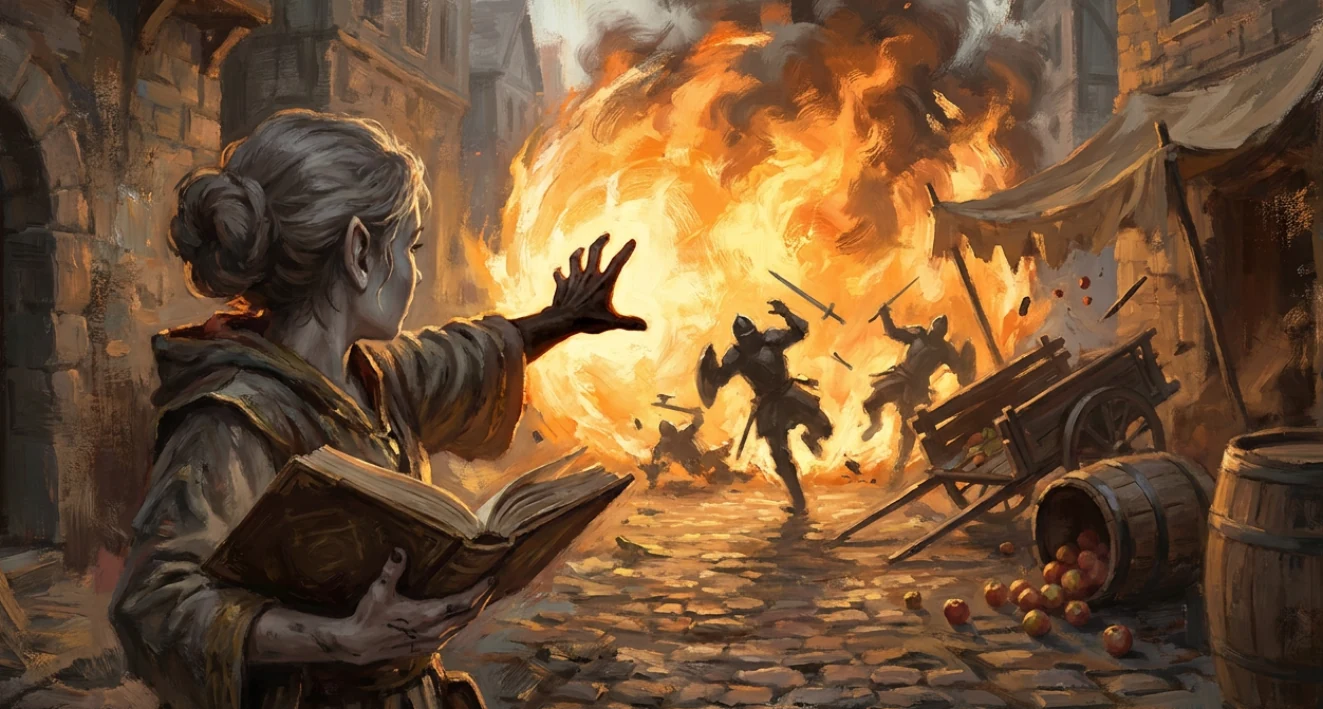 Seen past a wizard's outstretched arm, a sphere of amber fire detonates down a night market lane, hurling armoured raiders backward in silhouette.