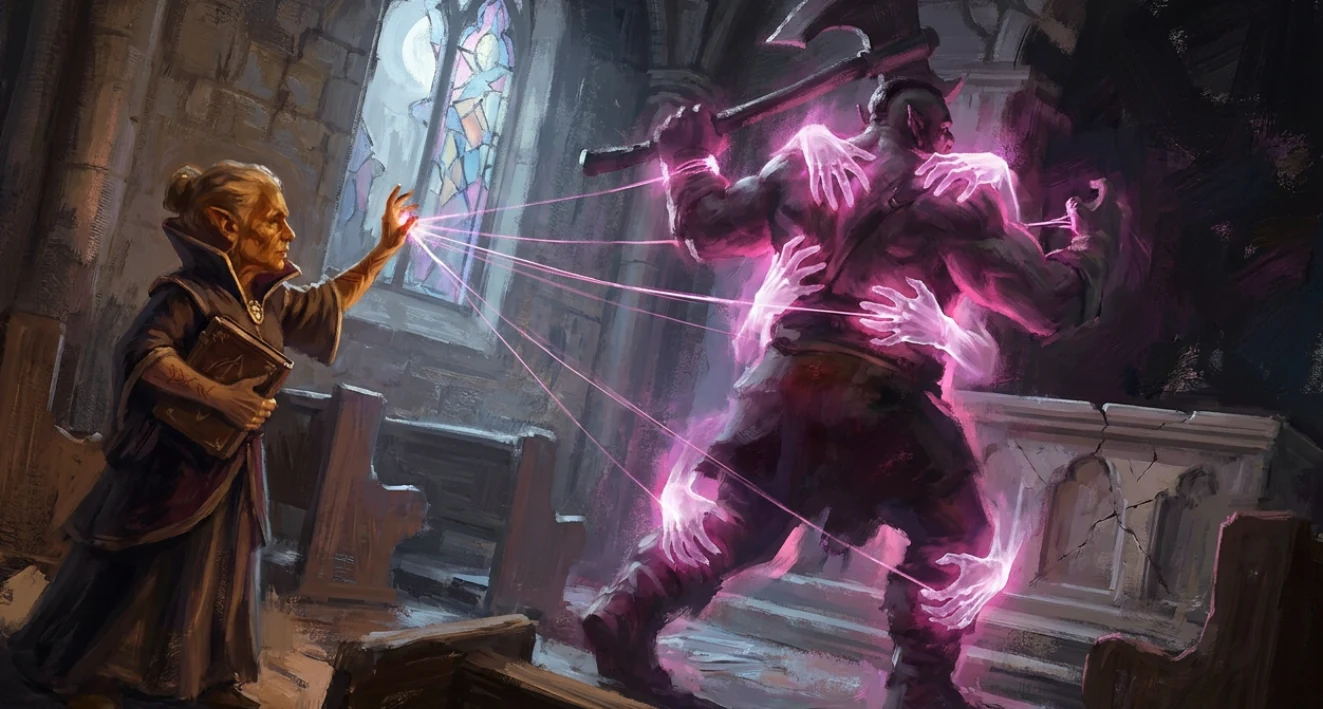 An orc frozen mid-swing in a ruined chapel, wrapped in glowing translucent hands while a small caster gestures from the frame's edge.